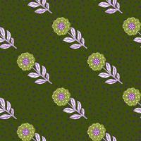 Creative seamless pattern with hand drawn flowers ornament. Green dotted background. Simple style. vector