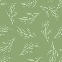 Seamless random pattern with white contoured branches shapes. Green light background. Simple design. vector