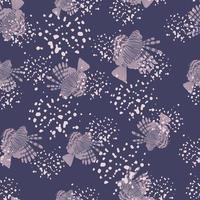 Purple colored lionfish seamless pattern in abstract style. Navy blue background with splashes. Random print. vector