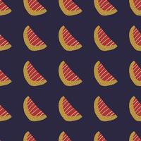 Fruit slice seamless hand drawn pattern. Red and ocher tones abstract shapes on navy blue color background. vector