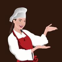 una mujer chef con un abrigo blanco, un delantal rojo y una campana de cocina en la cabeza mientras sonríe