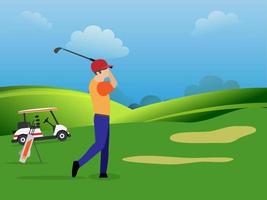 The young man exert himself to hit the golf ball as far as possible on the golf course. vector