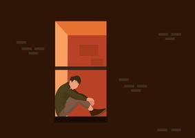 A young man sat sadly in the evening at the window on the balcony. vector
