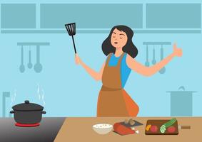 A woman cooking in a good mood She is making chicken curry For dinner vector