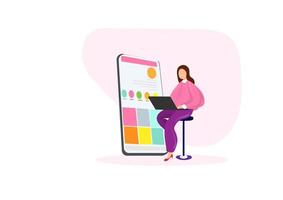 Cloud database content layout concept, young woman uploading data to display to social media, colorful flat vector illustration
