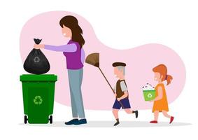 A housewife carries a black plastic trash bag with her son and daughter with boxes of plastic bottles to be thrown into the recycling bins. vector