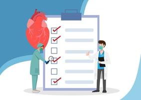 The doctor examines the heart, strength, and internal functioning. ready to show in clipboard flat vector illustration