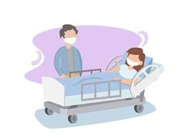 Husband wearing a medical mask visits a sick wife in the hospital. Vector illustration of a sick person in bed in flat style.