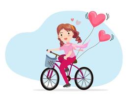 niña montando una bicicleta con globos de corazón rosa. vector de ilustración de dibujos animados de estilo plano