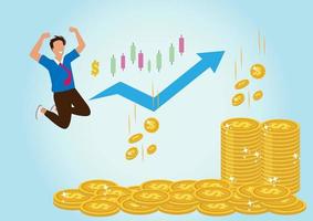 profitable investment flat fundraising vector illustration stock market income successful businessman standing on pile of coins. Flat style cartoon illustration vector