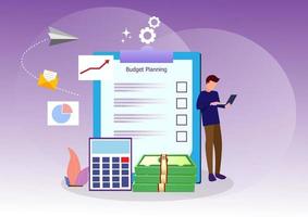 budget planning ideas financial analyst checklist on paper new financial graph data balance sheet of financial reports. Flat style cartoon illustration vector