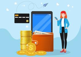Smart wallet concept with character. cryptocurrency withdraw, e-payment. credit card, digital and mobile wallet. financial and banking service. Flat style cartoon illustration vector