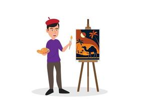 Male painter paints on canvas The artist is working on a painting. man drawing desert and camel vector illustration flat style characters