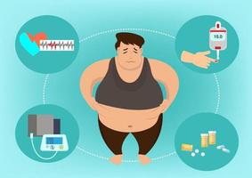 Overweight problems, heart disease treatment, obesity health problems, high blood pressure, high blood sugar, passive lifestyle metaphor. Isolated vector concept comparison illustration.