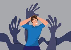 male businessman character He was surrounded by giant creeping hands. The concept of a man who is afraid or stressed about work. flat style cartoon vector illustration