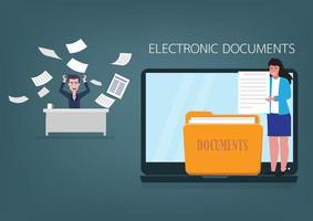 Woman holding documents in folder. Electronic document concept. storage cloud computing service with male staff who used to keep documents difficult to find vector illustration