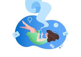 Woman addicted to device using smartphone attached to phone screen social media They lost touch with the real world around them that were hand drawn. flat style cartoon illustration vector