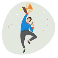 The business man was celebrating and jumping with a trophy in his hand, enjoying business victories. Business concept success vector illustration