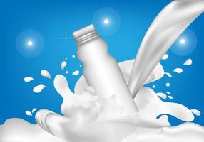 Glass bottle shape products and pouring milk into the side of the bottle to create a diffusion of water. vector