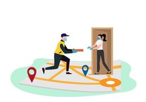 Courier in protective mask and medical gloves deliver food delivery. Customers arrive at home according to the map. vector