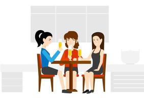 Three beautiful women friends chatting friendly at restaurant while drinking, vector illustration on white background.