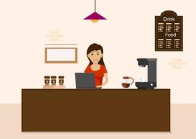 Female barista is waiting to receive orders from customers. Order to be imported at the store's counter. Flat vector illustration