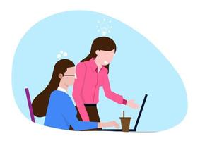 Young woman is sitting at a desk with computer and her boss is pointing to a screen and giving task. Office business concept. Modern vector illustration.