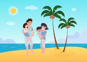 Happy family with two kids enjoy summer vacation on seaside. Summer travel and leisure on sea beach. Vector flat cartoon illustration.