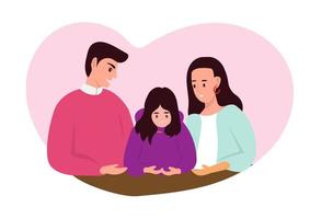 The daughter was disappointed and sad that she was bullied by her friend. Parents try to comfort their children. Family care concept flat vector cartoon illustration