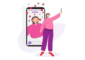 Beautiful girls taking selfies in the app Of a mobile phone To make friends press heart shape vector illustration flat style cartoon