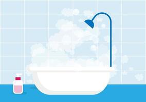 Bathtub with foam inside and bathtub isolated on a light blue tiled background bath time in flat style vector illustration