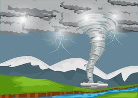 A strong storm produces a powerful tornado that sweeps through the countryside with lightning plates. mixed media landscape illustration vector