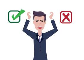 Confused businessman standing between accept and reject buttons, decide, agree or disagree. flat design vector illustration