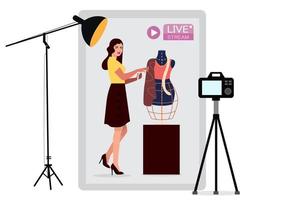 girl character Streaming Creator Fashion home video blogger, clothing vlogger, apparel. online shopping content famous creative fashion influencers flat vector illustration design