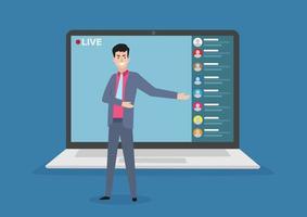 live streaming events business man showing in front of a laptop camera Remote events, stay at home, business presentations, video streaming Video conferencing and online communication