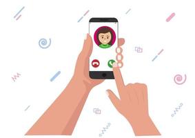 Incoming call on smartphone screen. Calling service. Smartphone mobile phone. finger touch screen flat style cartoon vector illustration