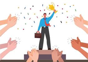 A successful businessman character stands on the podium holding a trophy while people applaud him. Celebrate the award of victory flat style cartoon vector illustration