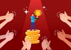 A successful businessman character stands on the podium holding a trophy while people applaud him. Celebrate the award of victory flat style cartoon vector illustration