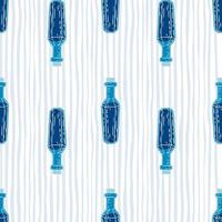 Contrast seamless witchy pattern with navy blue bottle potion shapes. Striped background. vector