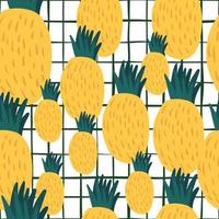 Doodle yellow pineapple seamless pattern on stripes background. Endless fruits texture. vector