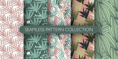 conjunto de patrones sin fisuras de hojas tropicales abstractas en estilo de fideos. colección de patrones de hojas exóticas de la selva. papel pintado botánico.