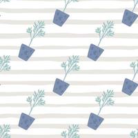 Blue houseplant elements seamless pattern. Light purple and white stripped background. vector