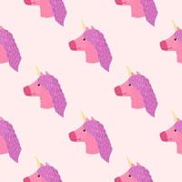 Cartoon childish seamless pattern with cute unicorn ornament. Fantasy kids artwork in purple and pink tones. vector