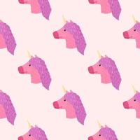 Cartoon childish seamless pattern with cute unicorn ornament. Fantasy kids artwork in purple and pink tones. vector