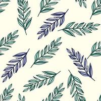 Isolated seamless pattern with botanic foliage ornament. Stylized outline branch leaves in green and blue colors on white background. vector