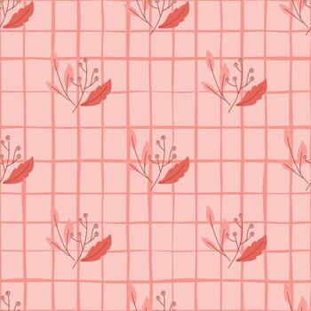 Geometric style seamless pattern with red leaves and berries shapes. Chequered background. Doodle style. vector