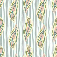 Hand drawn seamless pattern with pastel colorful leaf abstract ornament. Blue and white striped background. vector