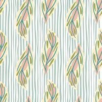 Hand drawn seamless pattern with pastel colorful leaf abstract ornament. Blue and white striped background. vector