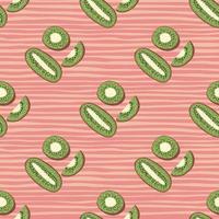 Organic food seamless pattern with little green kiwi fruit silhouettes. Pink striped background. Vitamin ornament. vector