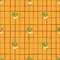 Abstract hawaii seamless pattern with green palm tree and island shapes. Orange chequered background. vector